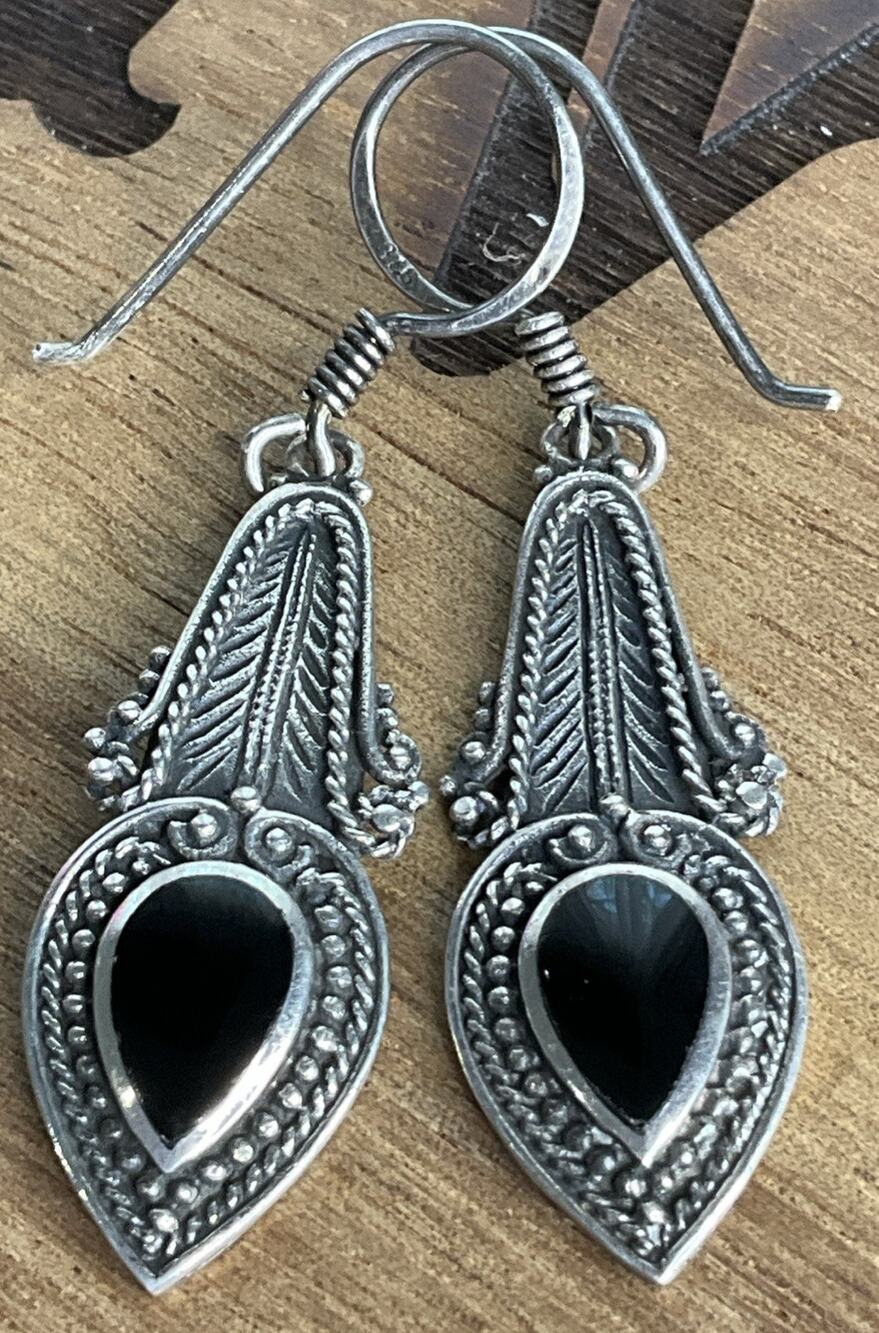 Vintage Boma Sterling Silver Black Onyx Teardrop Bali Style Dangle Drop Earrings